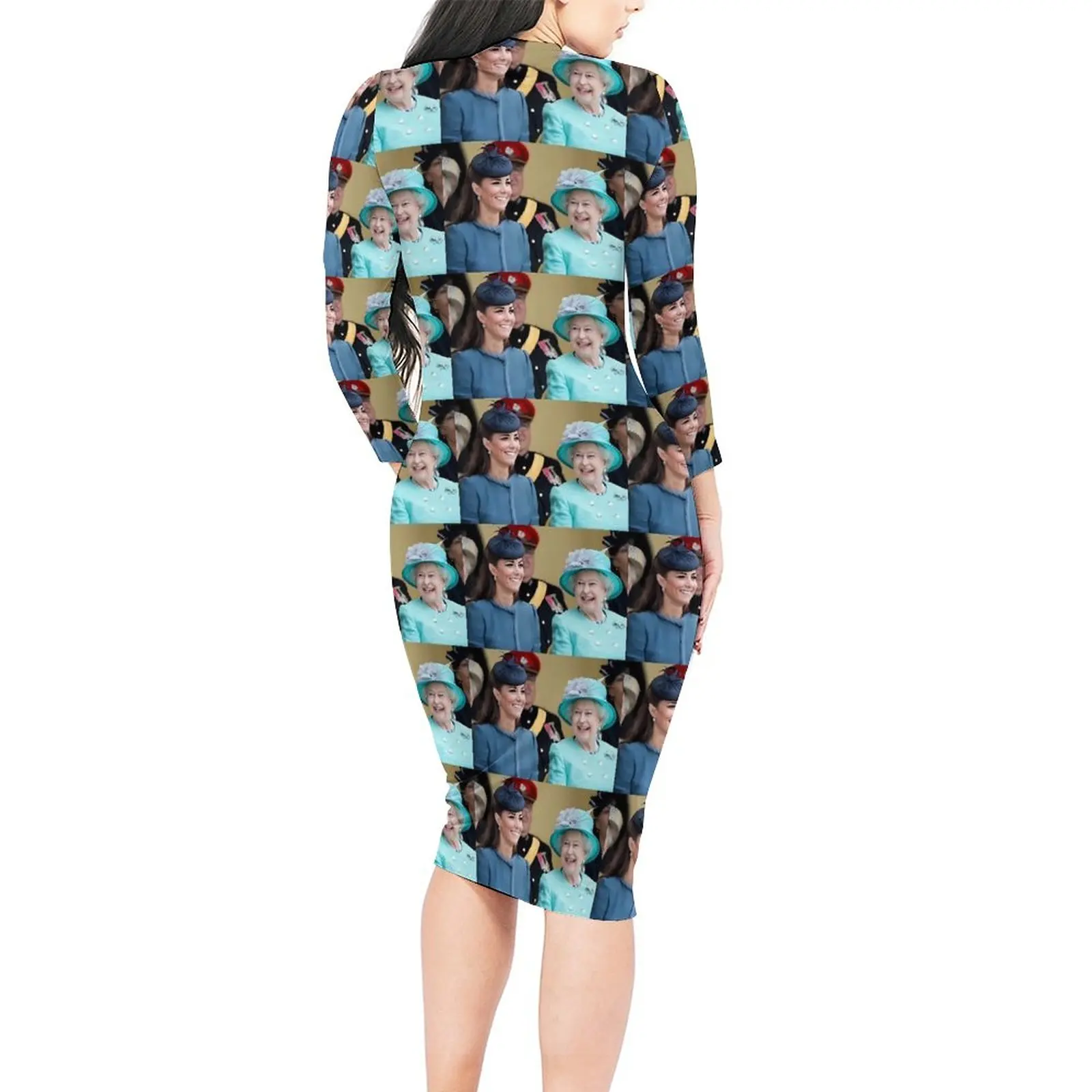 Elizabeth II Bodycon Dress Female HRH Catherine Duchess Modern Dresses Spring Long Sleeve Korean Fashion Print Dress Big Size