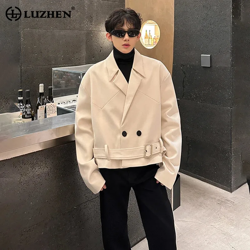 

LUZHEN 2025, осенне-зимняя новая двубортная повседневная шерстяная куртка с украшением пояса, мужская мода, однотонное элегантное пальто JY5307