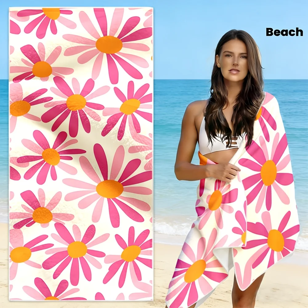 Gradient Pink Daisy White Background Super Absorbent Microfiber Beach Towel Girls Summer Pool Travel Bath Blanket