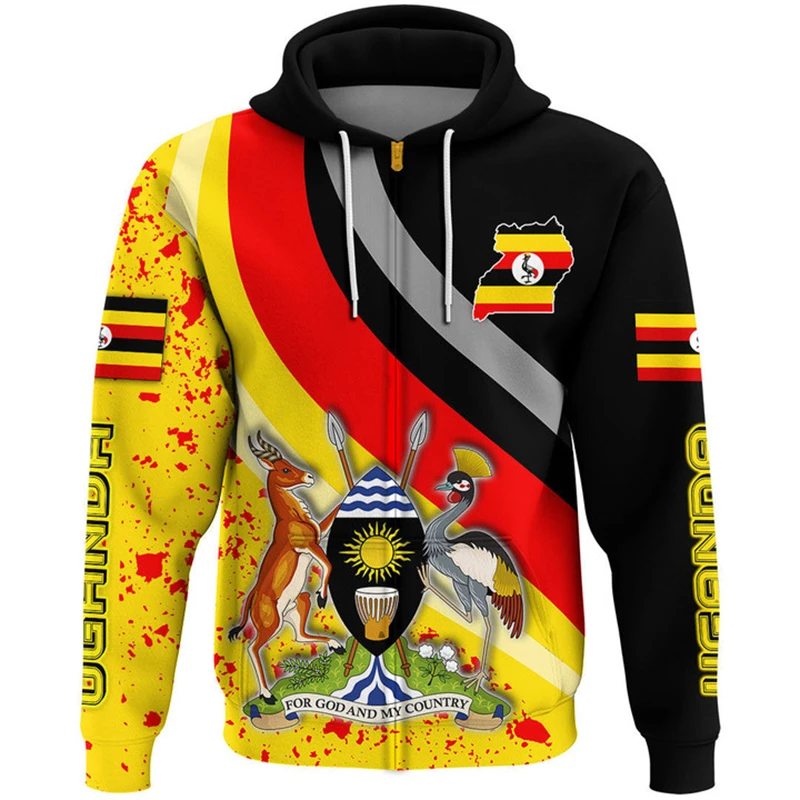 Sweats à capuche College en 3D unisexes, sweat à capuche zippé, veste décontractée, vêtements de survêtement, streetwear africain, pays de l'UGANDA, sensation, 2024