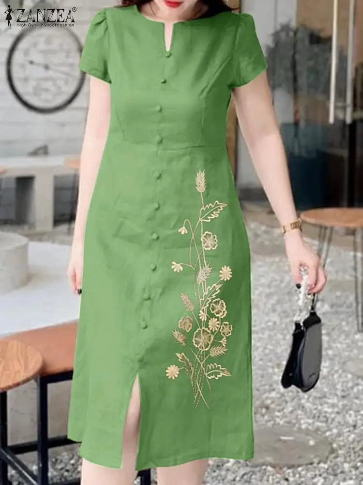 ZANZEA Women Embroidery Midi Dress Vintage Short Sleeve Vestidos 2024 Summer Buttons Slit Vestidos Holiday Casual Loose Dresses