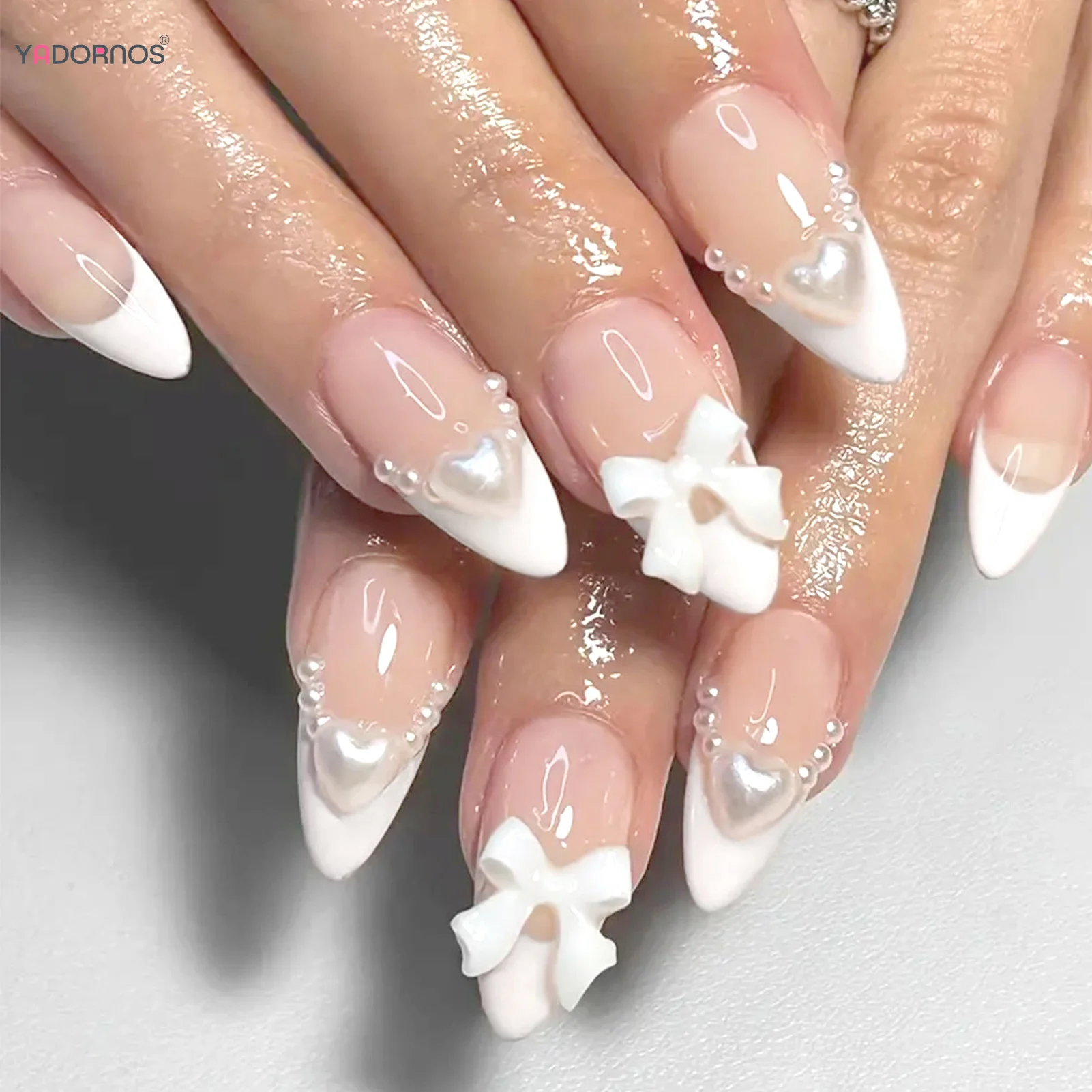 

Almond Fake Nails White French Style Press on Nails 3D Bowknot Pearls Designs Elegant Wearable Manicure False Nails Tips 24Pcs