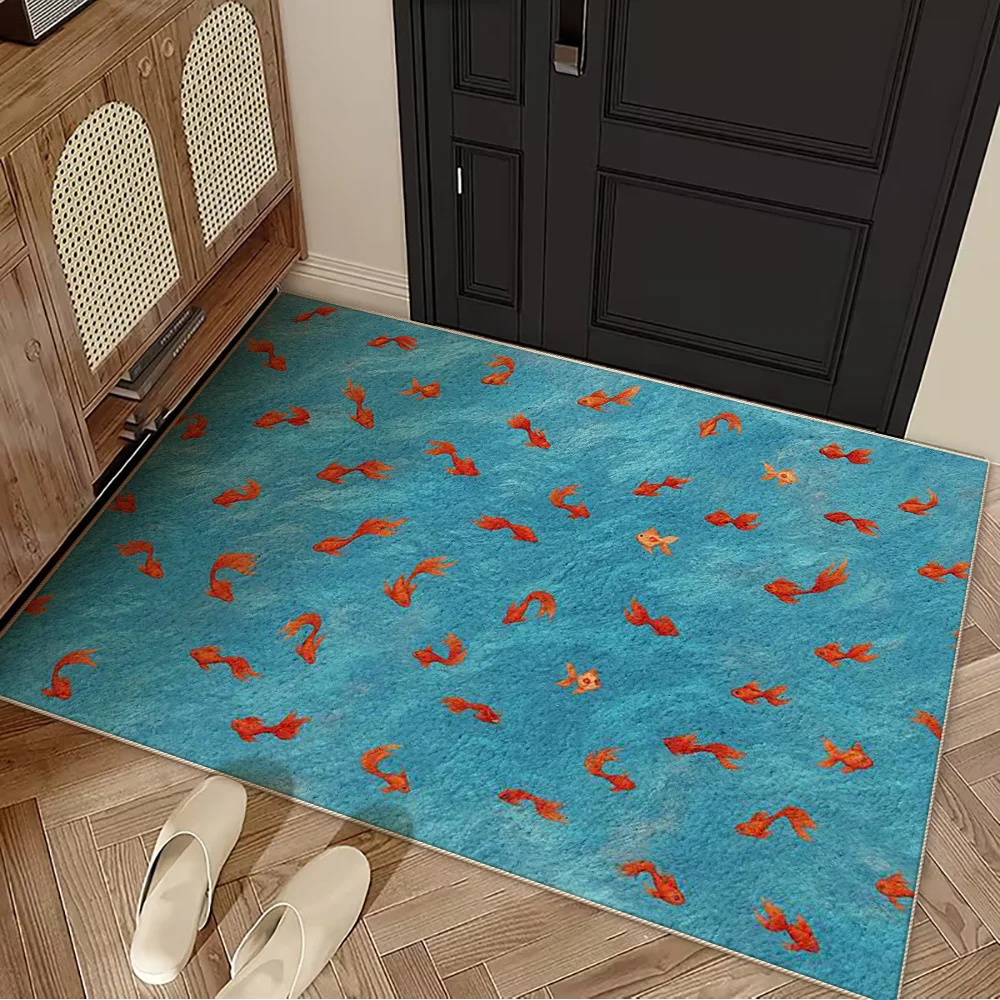 2d Printed Light Blue Orange Red Goldfish Pattern Doormat Non Slip Entrance Rug For Aquarium Theme Home Decor Gift