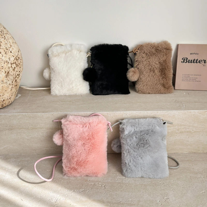 Women Plush Crossbody Bag Solid Color Mobile Phone Bag Versatile Mini Wallet Plush Shoulder Bag 2026 Autumn Winter Coin Purse