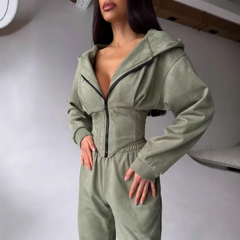 

Autumn Winter Women Two Piece Sets Zipper Hoodies+High Waist Pants Lady Casual Sports Outfits Solid Color Female Chic Tracksuit