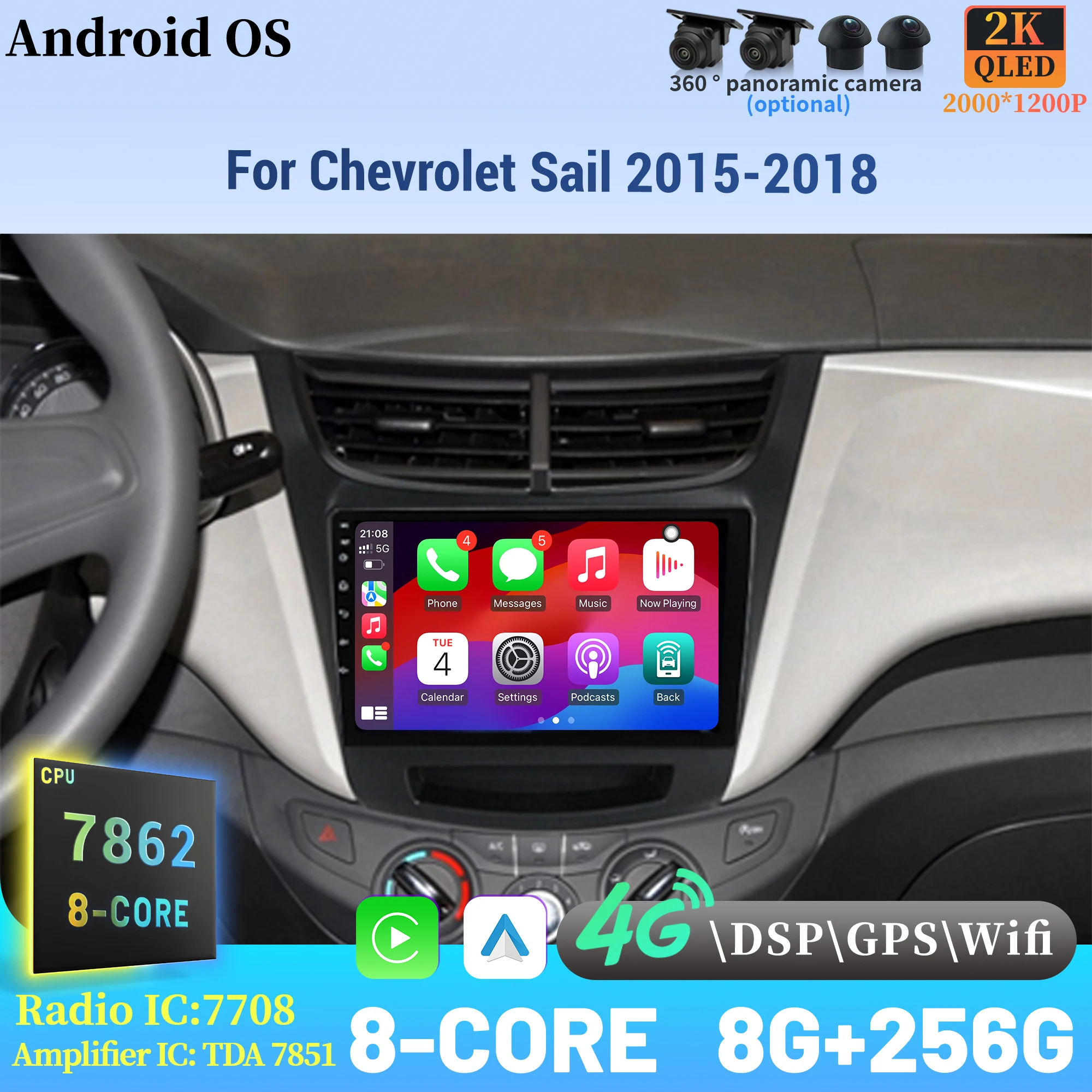 

Android 14 Radio Car Multimedia Player Touch 2K QLED Screen For Chevrolet Sail 2015-2018 Wireless BT CarPlay