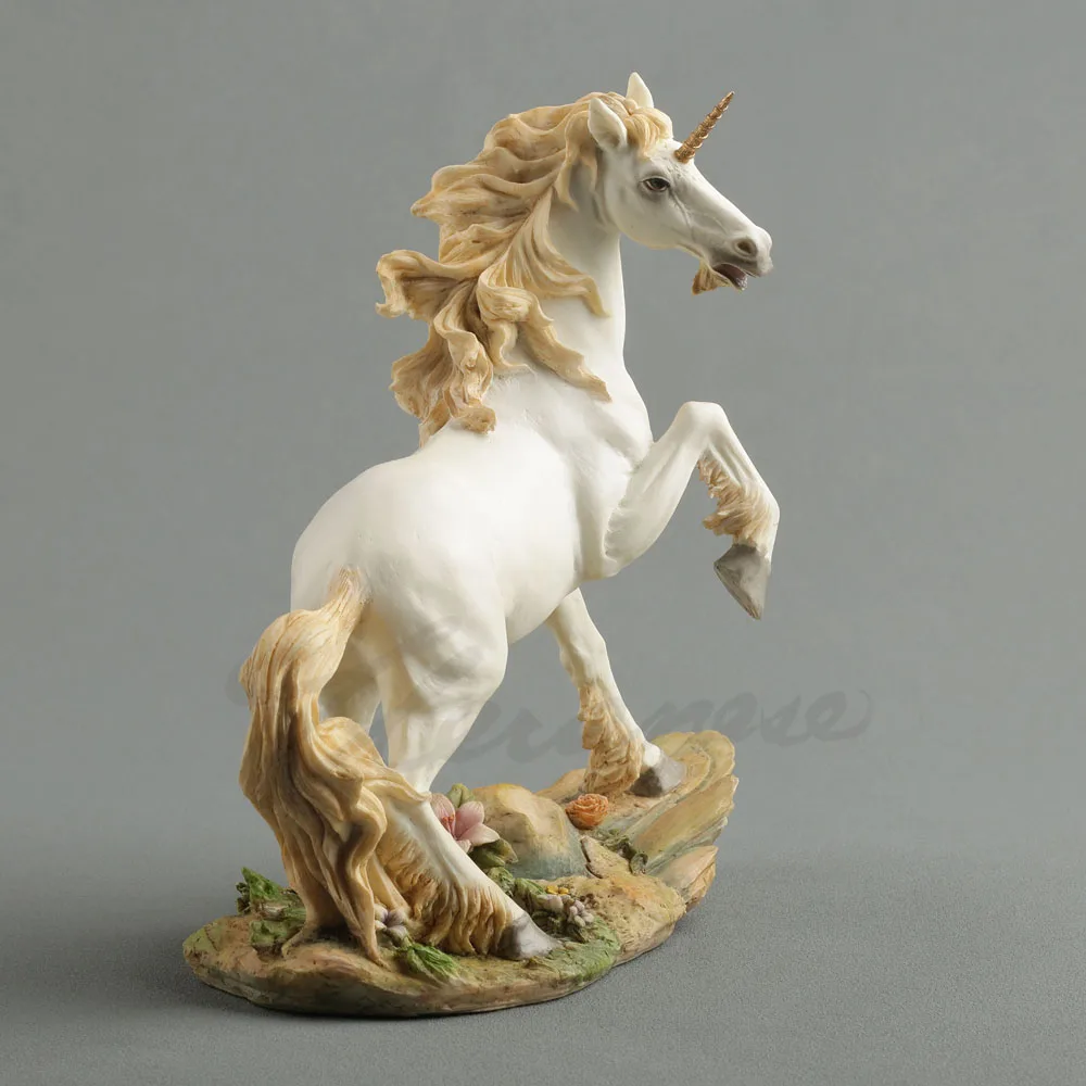White Unicorn Statue Golden Mane Unicorn Figurine On Grass Rock Base Mythical Creature Resin Sculpture Desktop Home Fairy Decor