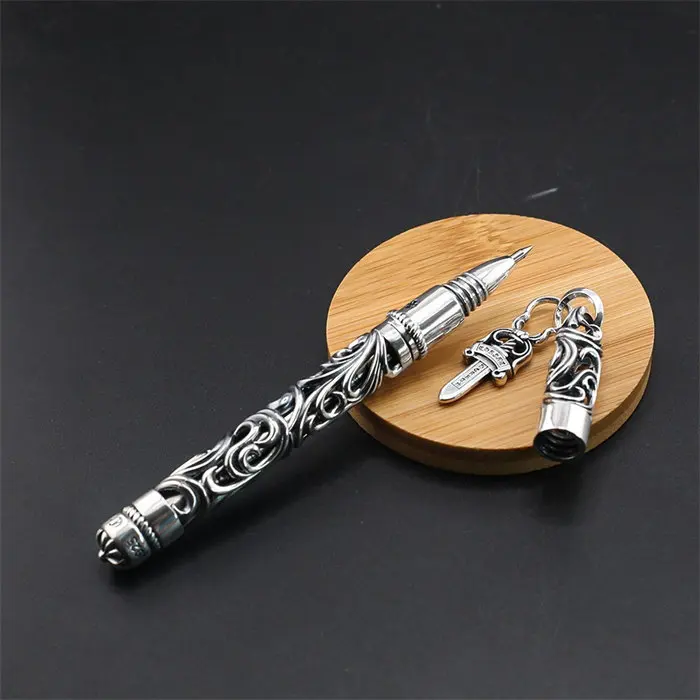 European Court Style 925 Silver, Hollow Cross Engraving, Metal Signature Pen, Ballpoint Pen, Gift.