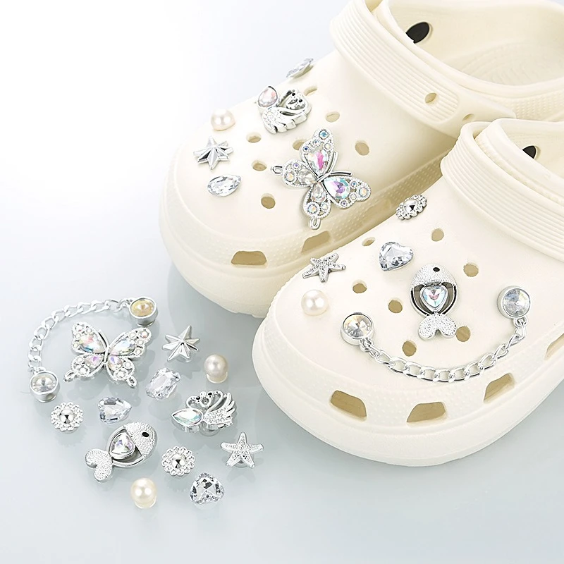 

12 pcs DIY hole shoes shoe buckle accessories flash diamond butterfly chain decoration accessories hot-selling accessories