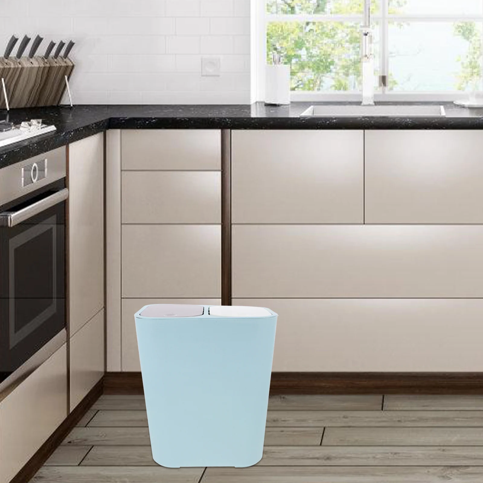 

Dual Compartment Dry and Wet Trash Bin Lidded Plastic Kitchen Garbage Container Home Recycling Waste Bin Dual Trash Can