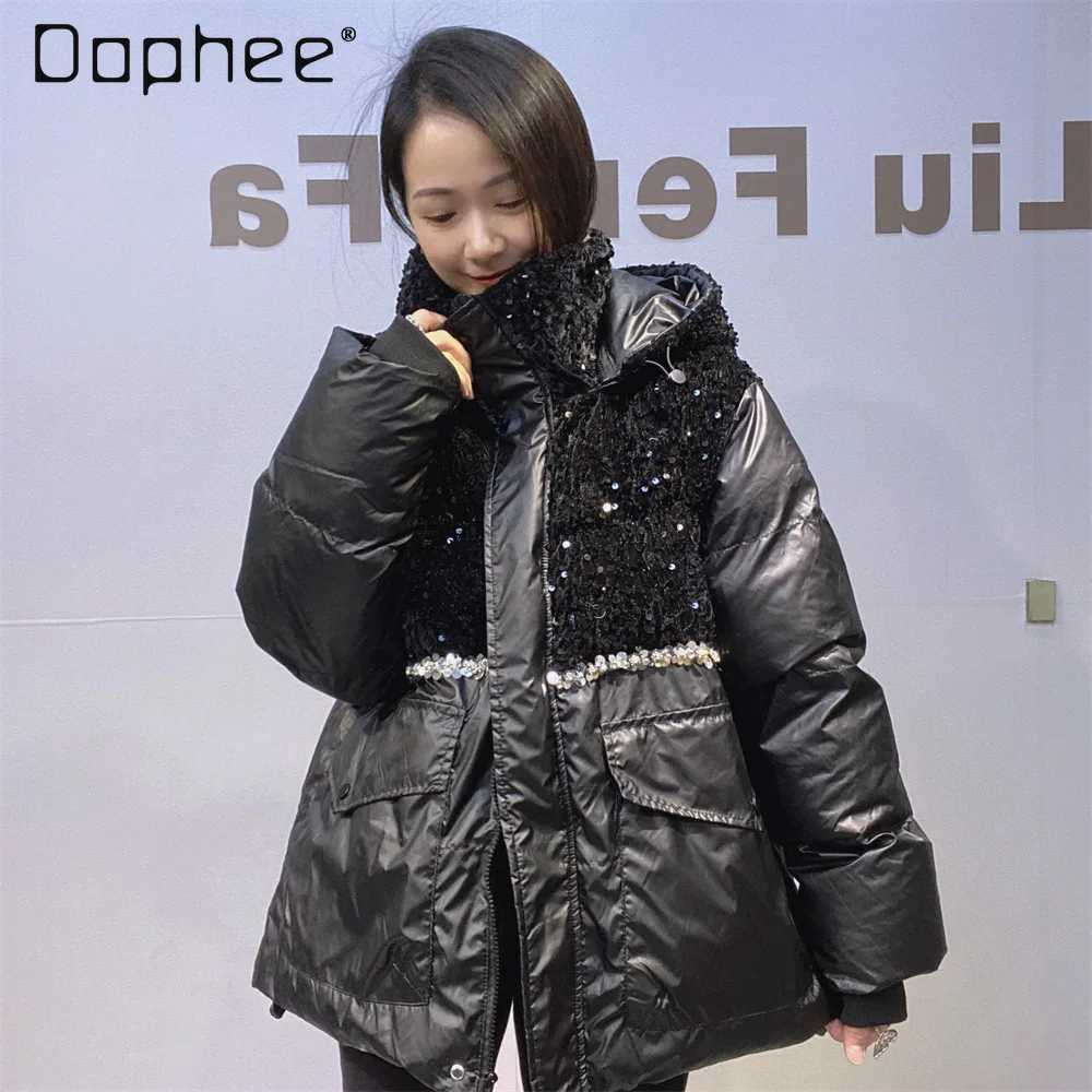 

2025 Winter Warm Black Cotton Jacket for Women Heavy Sequin Patchwork Loose Thickened Hooded Detachable Jacket Women