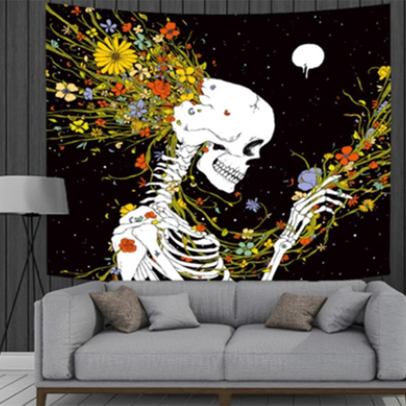 

Skull Printing Tapestry Colorful Floral Flower Human Skeleton Wall Hanging Tapestries for Bedroom Living Room Dining Room x A0KC
