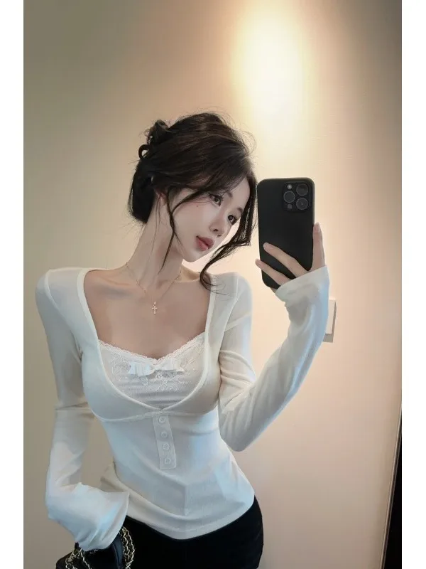 

Женская базовая рубашка Pure Desire с кружевными вставками, приталенная, с длинным рукавом, мягкая, элегантная, с флокированием, осенний стиль, Nicole Rose