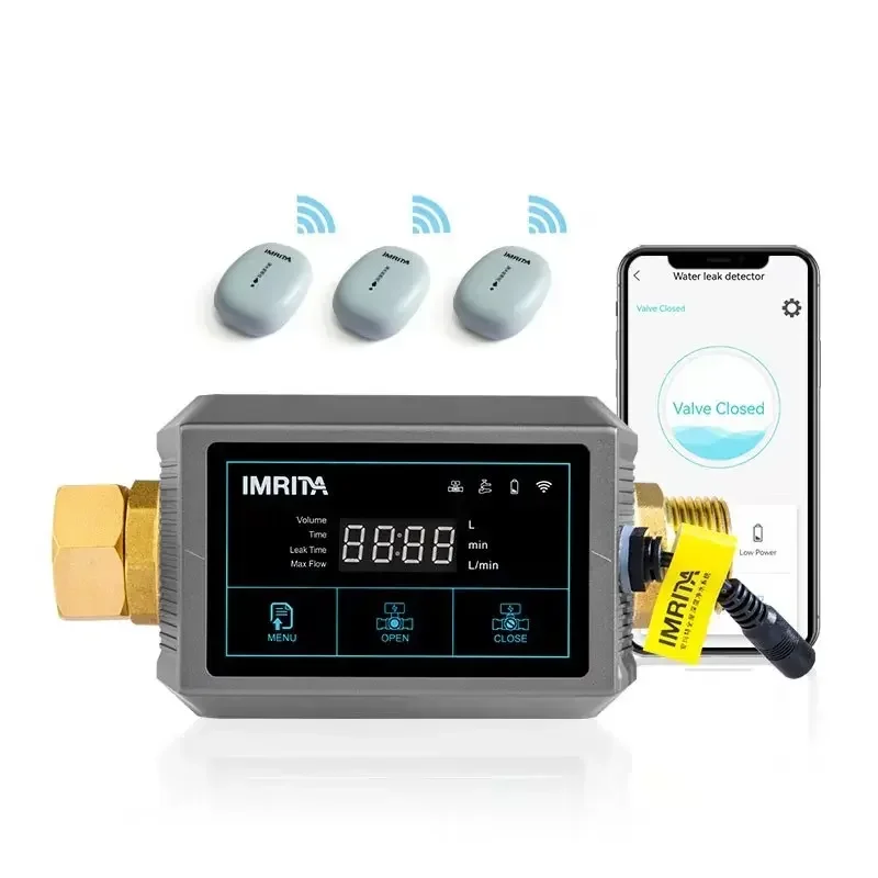 IMRITA Multi-function Smart Wifi App Water Leak Detector Sensor Alarm with Auto shut off valve Water Leakage detection indoor us