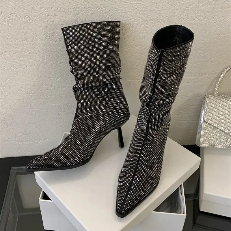 Luxury Rhinestone High Heel Ankle Boots Women Autumn Winter Pointed Toe Designer Modern Boots Glitter Sexy Short Boots Ladies