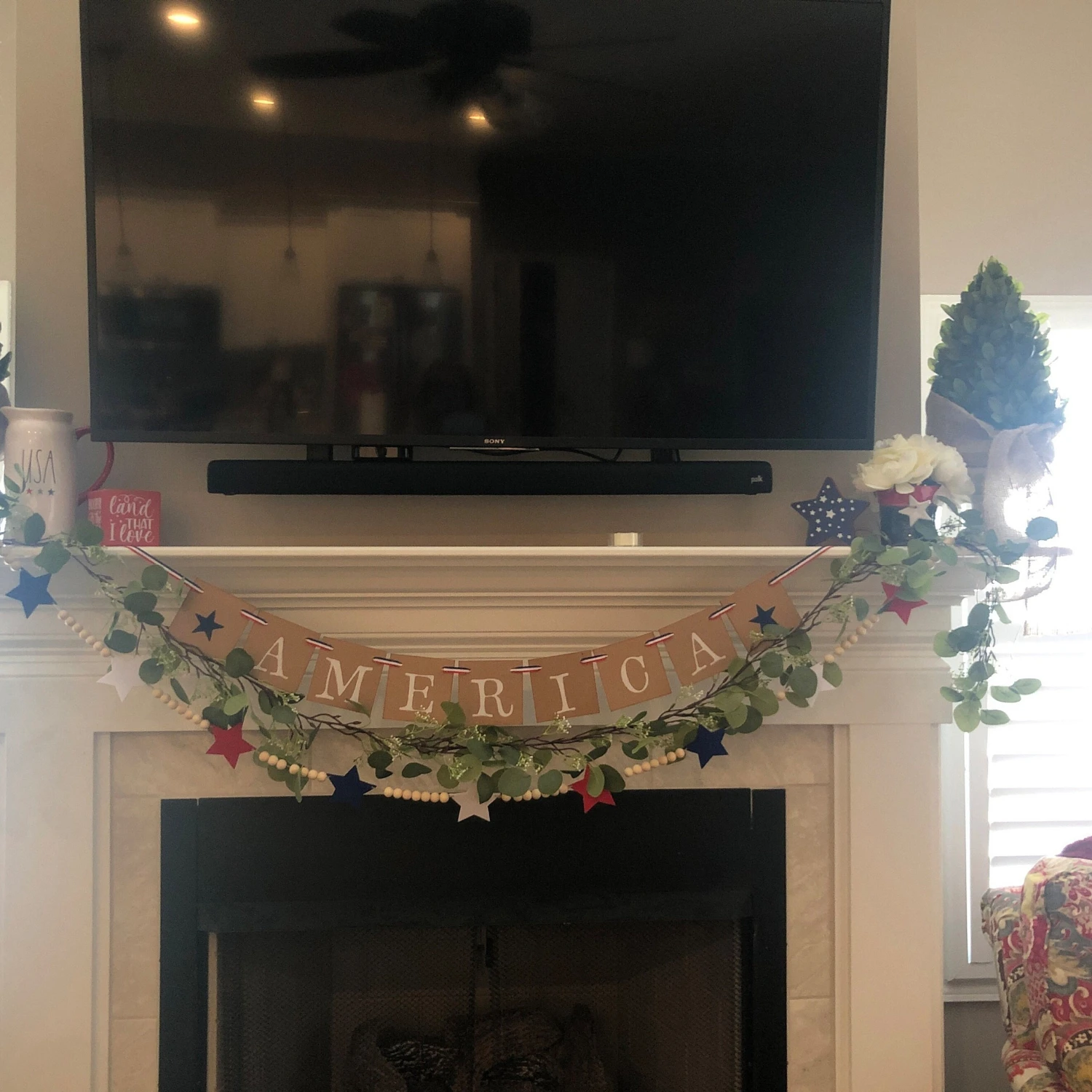 1pc, Hanging Decor, Rustic Wooden Beads Garland With Patriotic Stars, 4th Of July Hemp Rope Festive Wall Pendant, Classic Americ