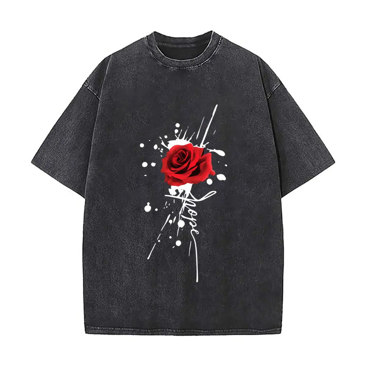 Red Rose Flower Botanical Graphic Distressed Faded Baggy Streetwear Tops for Park Hangouts
