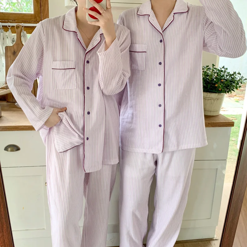 

Purple Striped Autumn Home Suit Women Casual Cotton Shirts + Trousers Loose Vintage Harajuku Sleepwear Pajamas Set Pocket Black