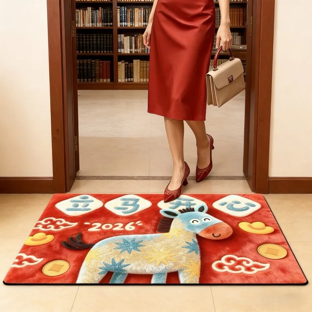 

Creative Cartoon Horse Floor Mat Quick Dry Soft 2026 New Year Anti Slip Mat Blessing Words Lucky Pony Door Mat Floor Protection