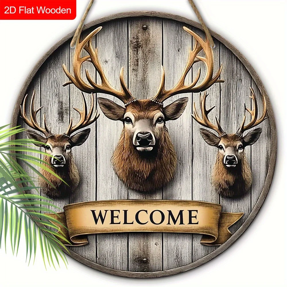 2D Flat - One-Piece Vintage Wooden Sign Featuring a 2D Flat Design of a Christmas Deer Head, Perfect for Welcoming Guests. This