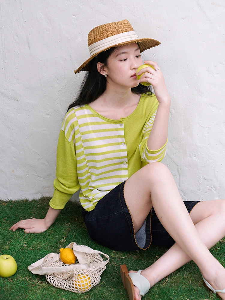 

Botanique Summer Soda Stberry Lemon Stripe Splice Knitted Air Conditioning irt Sun Protection Cotton Blend Long Sve R...