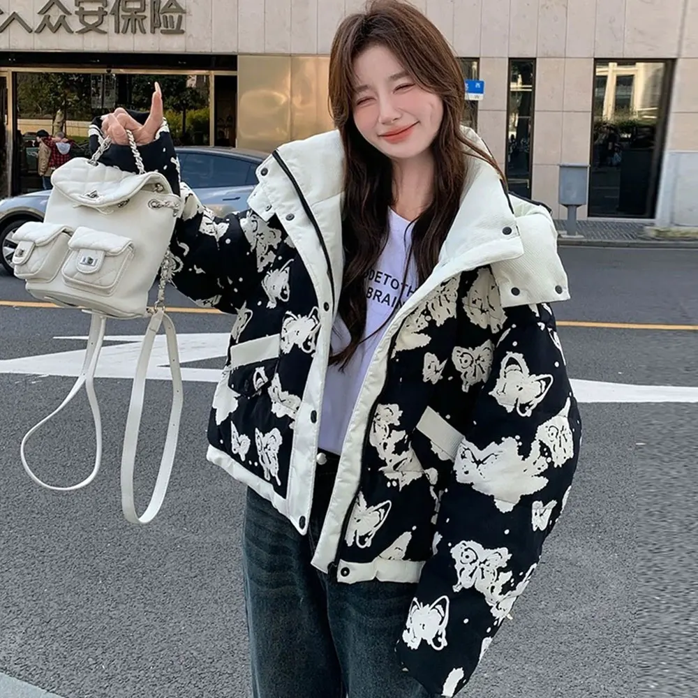 Parka corta para mujer, chaqueta de plumas de mariposa Floral a la moda, chaqueta cálida con capucha para mujer, abrigo informal de manga larga con plumón de pato