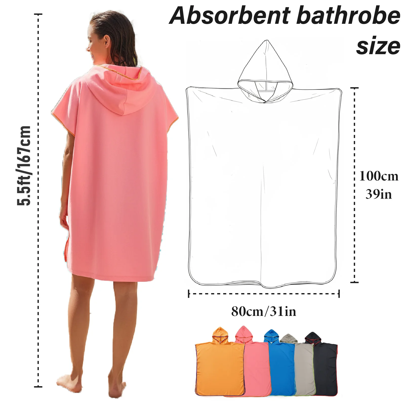 Soft Absorbent Changing Poncho with Hood, Lightweight Swim Cover Up for Beach Surfing Travel
