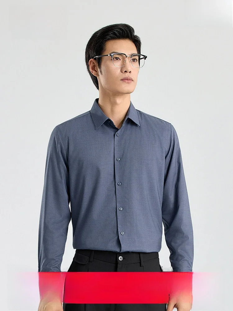 Hengyuanxiang Men's Shirt Thickened Pure Color Square Collar Business Casual Shirt 100 Wool Inner Filling Standard Fit Long S...