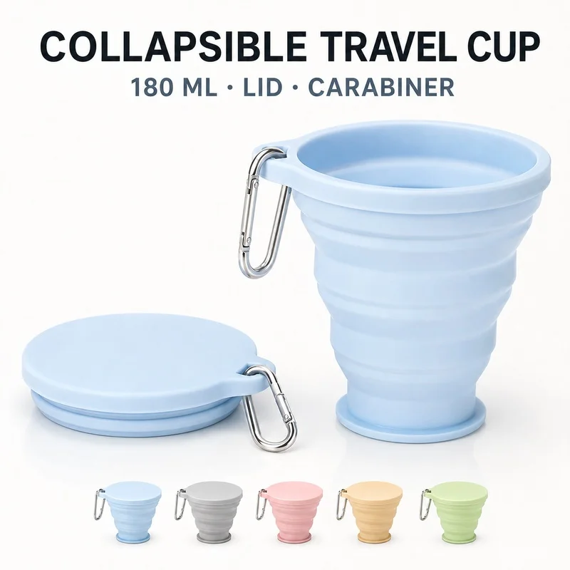 180ml Collapsible Silicone Cup With Lid And Carabiner Portable Folding Travel Cup For Camping Hiking Cycling Outdoor