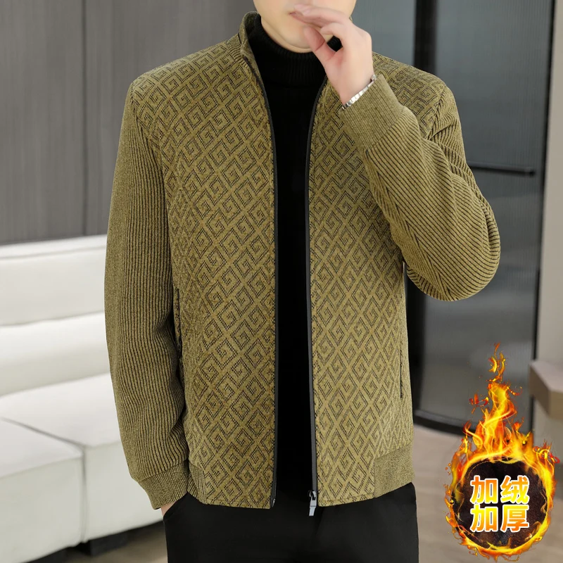 Luxury Autumn Winter Woolen Jacket for Men Fashion Casual Stand Up Collar Plush Thick Coat Zipper Social Windproof Overcoat 2025