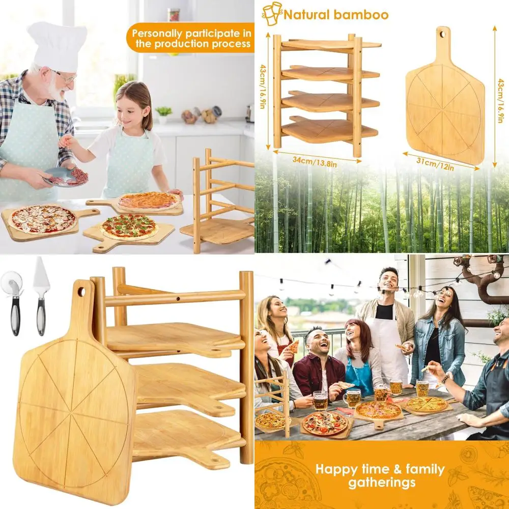 

Set of 4 Premium Pizza Peels with Stand, Smooth Paddle, Cutting Board, and Stainless Steel Cutting Wheel