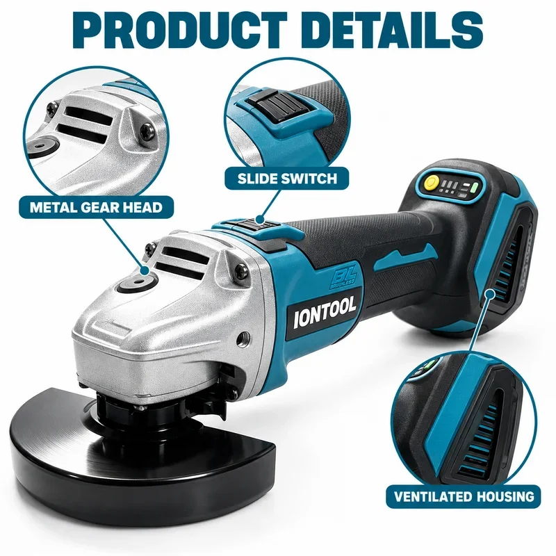 IONTOOL Brushless Cordless Angle Grinder 125mm M14 Thread 850W Power Tool for Construction Repair Metal Deburring