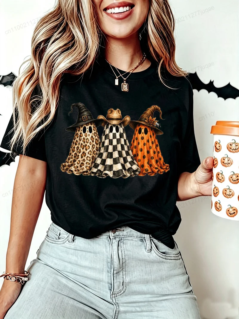 Spooky-Ghost-Friends-Halloween Graphics Shirt,leopard Ghost Tee,retro Cowboy Witch T-Shirts,halloween Women Casual Shirts Gifts