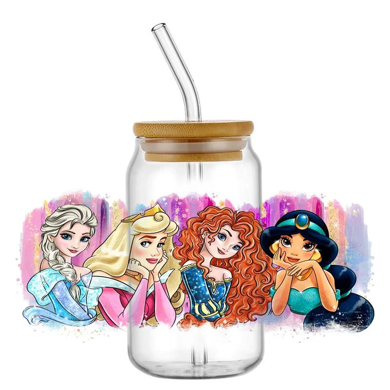 Miniso Disney Princess 16oz UV DTF Cup Wrap Cartoon Libbey Glass Beer Can Tumbler Transfer Sticker adesivo permanente impermeabile