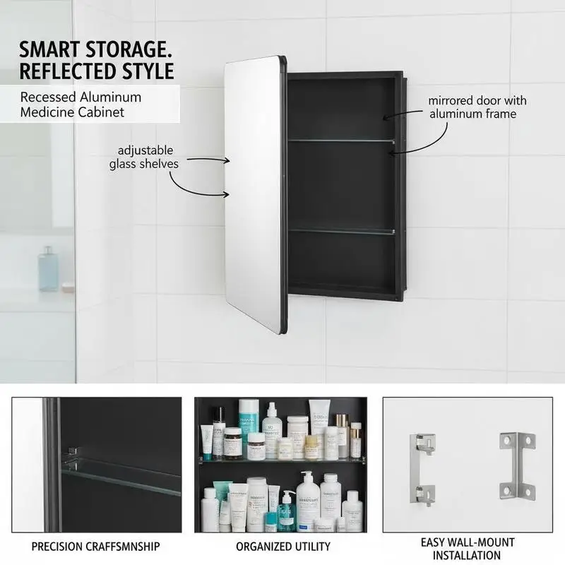 Mirrored medicine cabinet (662 x 135 x 762 mm) for bathrooms with mirrored door and adjustable glass shelves, built-in and wall mounting, aluminum frame, bathroom cabinet view 7