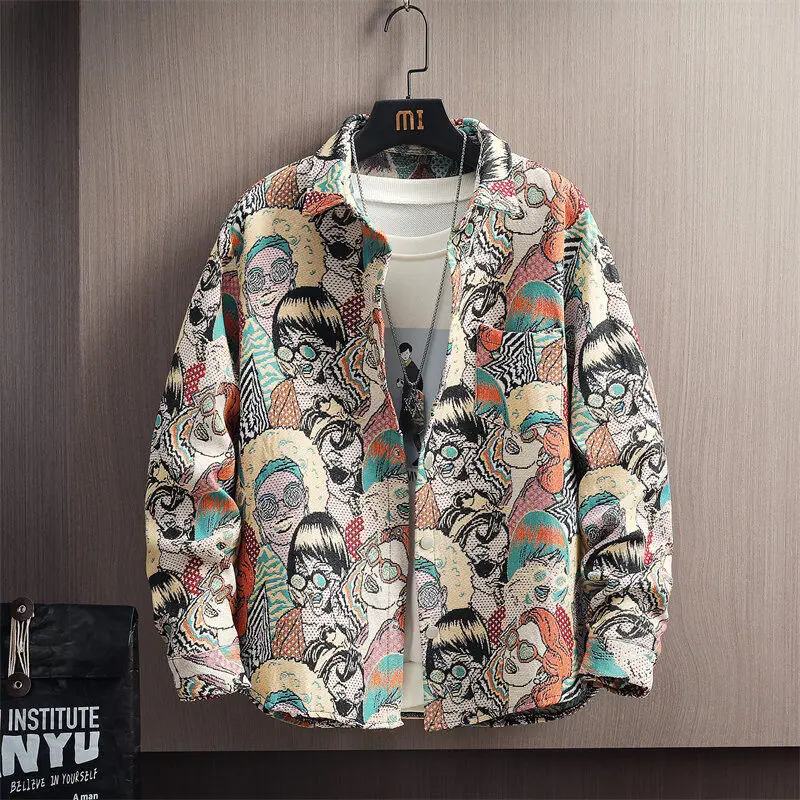 

2025 Spring and Autumn Men's Loose Jacquard Collar Shirt Coat Fashion Casual Shirt