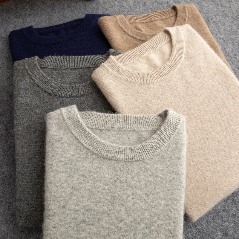 Men's 12 pin flat round neck solid color cashmere sweater