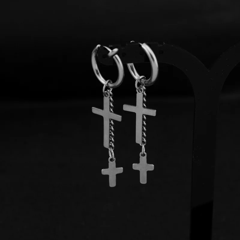 شرابة الصليب Huggie هوب أقراط للرجال، الفولاذ المقاوم للصدأ سلسلة الصليب قرط كبس، الهيب هوب العصرية مجوهرات هدايا