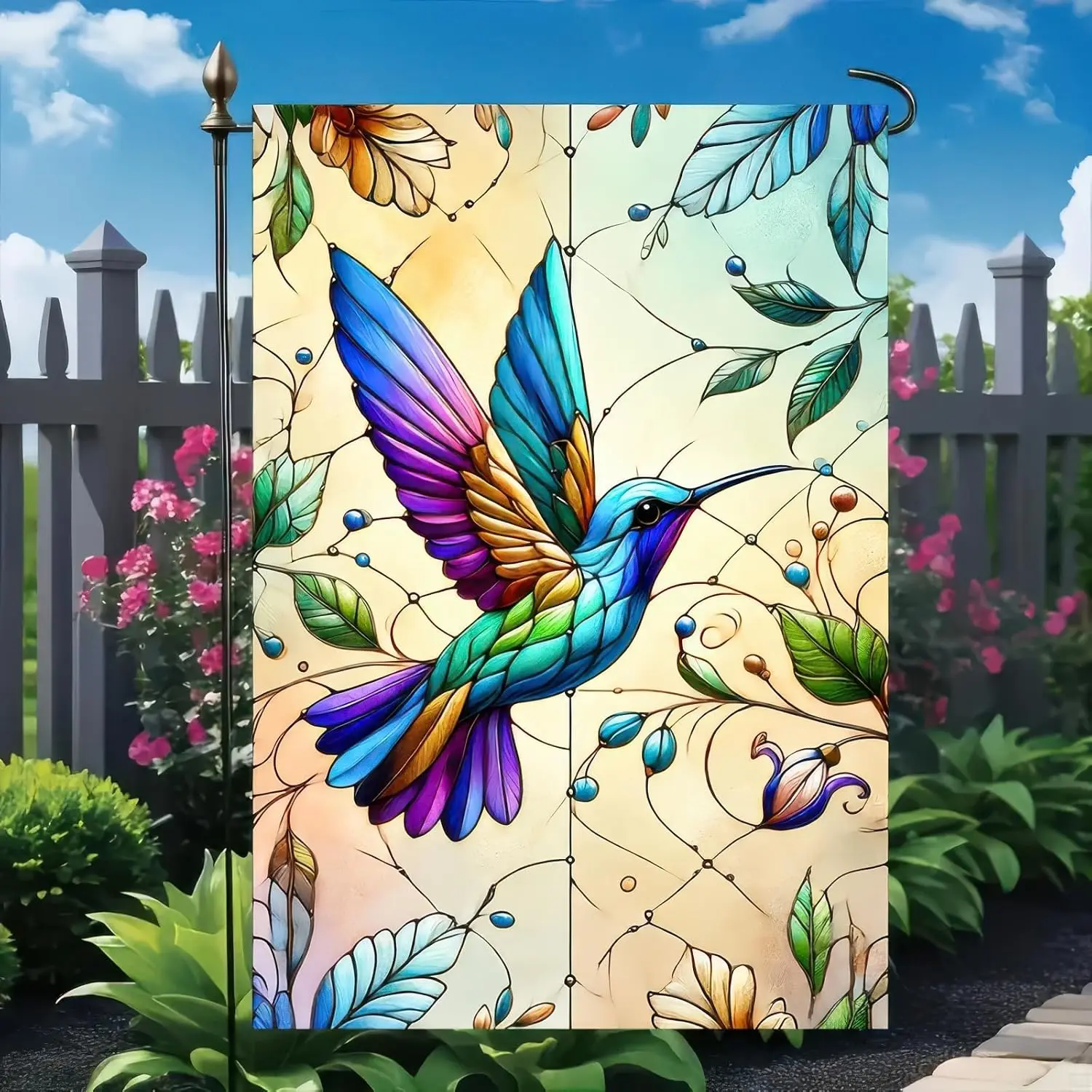 Spring Garden Flag Hummingbird Garden Flag Double Sided 12x18 Inch Welcome Spring Hummingbird Retro Glass Style Garden Flag  yyi