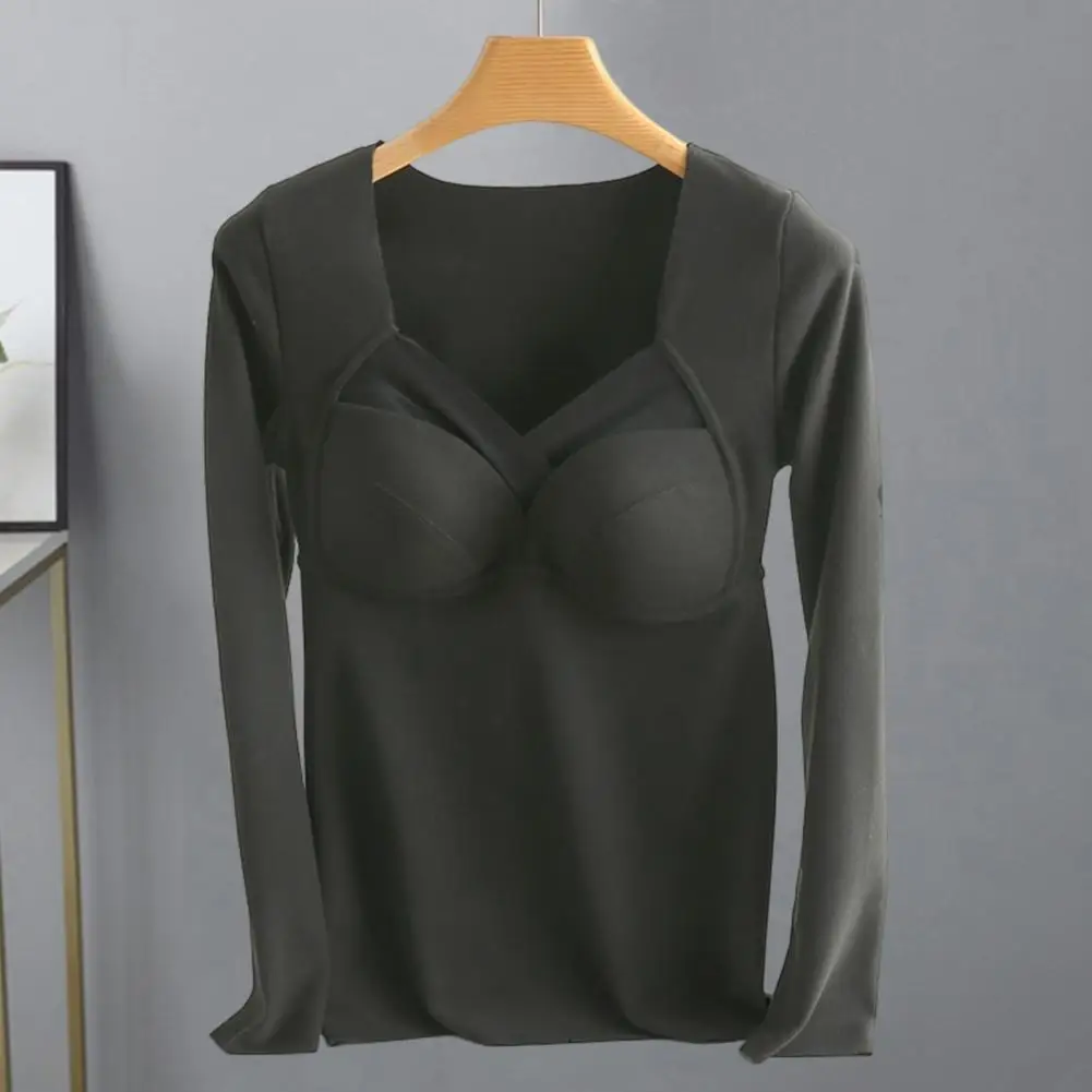 Women Bottoming Tops V-Neck Chest Padded Long Sleeve Thermal Tops Elastic DE Velvet Fabric Tee Shirt