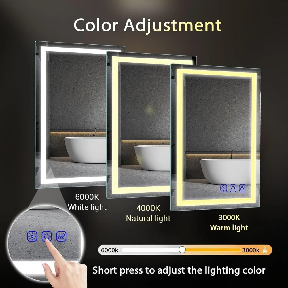 مرآة حمام ذكية مضيئة بإضاءة LED، شاشة لمس مثبتة على الحائط مقاس 36 × 24، مرآة زينة قابلة للتعتيم مع تعديل ضوء بدون خطوات