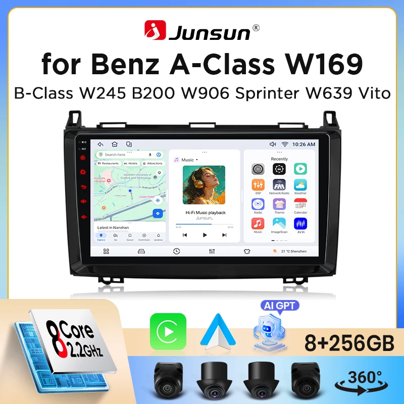 Autoradio sans fil Junsun CarPlay Android Auto pour Mercedes-Benz Classe A (W169) / Classe B (W245) / Sprinter (W906) / Vito (W639) avec ventilateur de refroidissement intégré, navigation GPS Android,