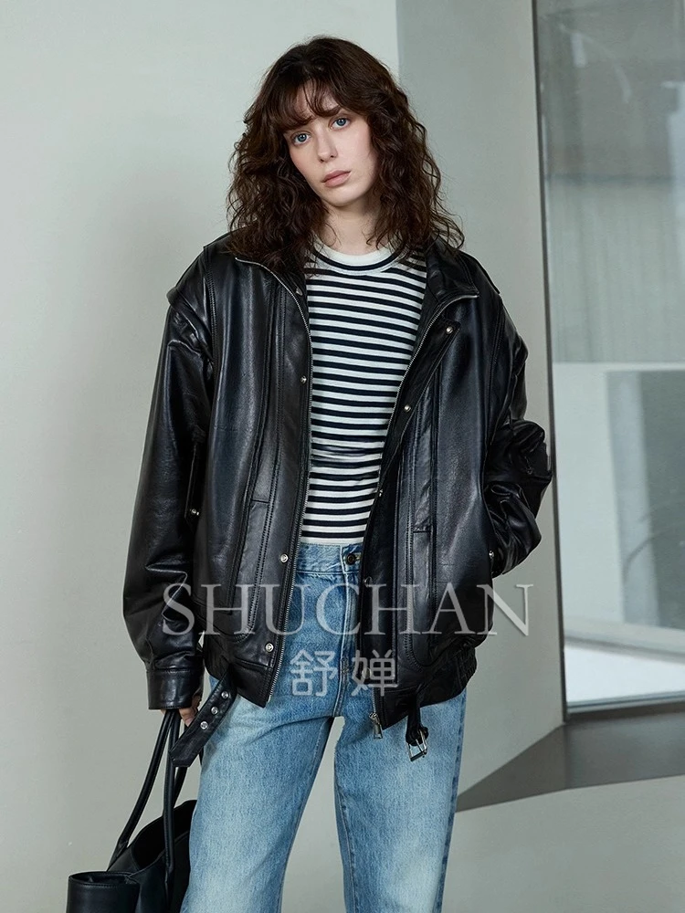 

New Semi-vegetable Tanned Sheepskin Two-wear Leather Jacket Femininity High-end Casual Jacket2025