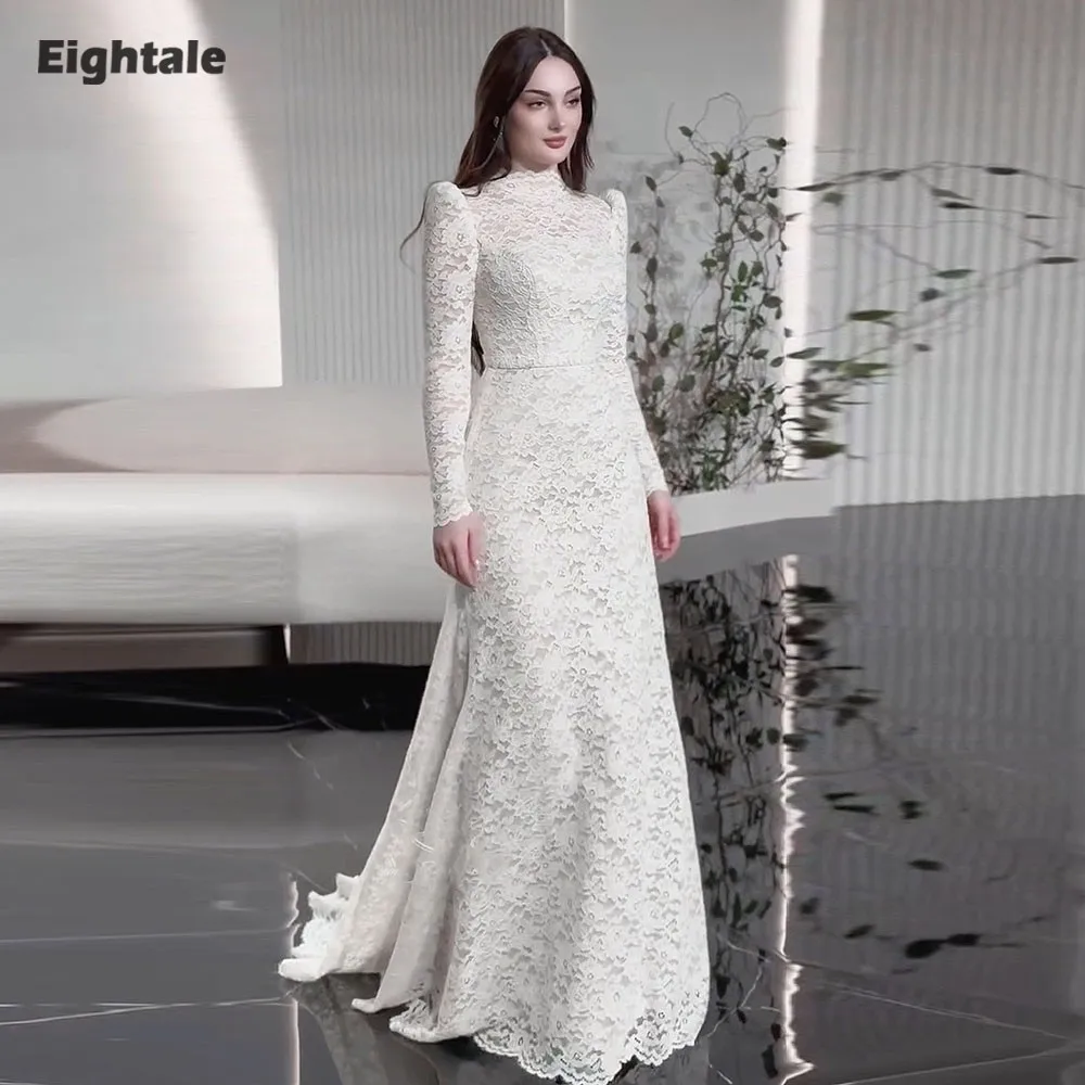 Abito da sposa arabo Eightale Abito da sposa in pizzo avorio personalizzato Collo alto Applicazioni musulmane Abito da festa da sposa a maniche lunghe