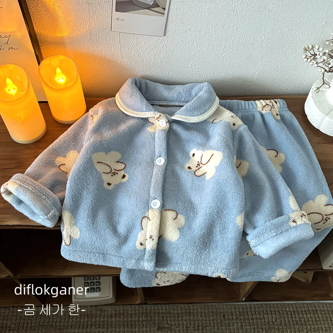 New 2026 Kids Autumn Winter Thicken Warm Soft  Pajamas Baby Cute Cartoon Sleepwear Boys Girls Casual Pyjamas Clothing Sets