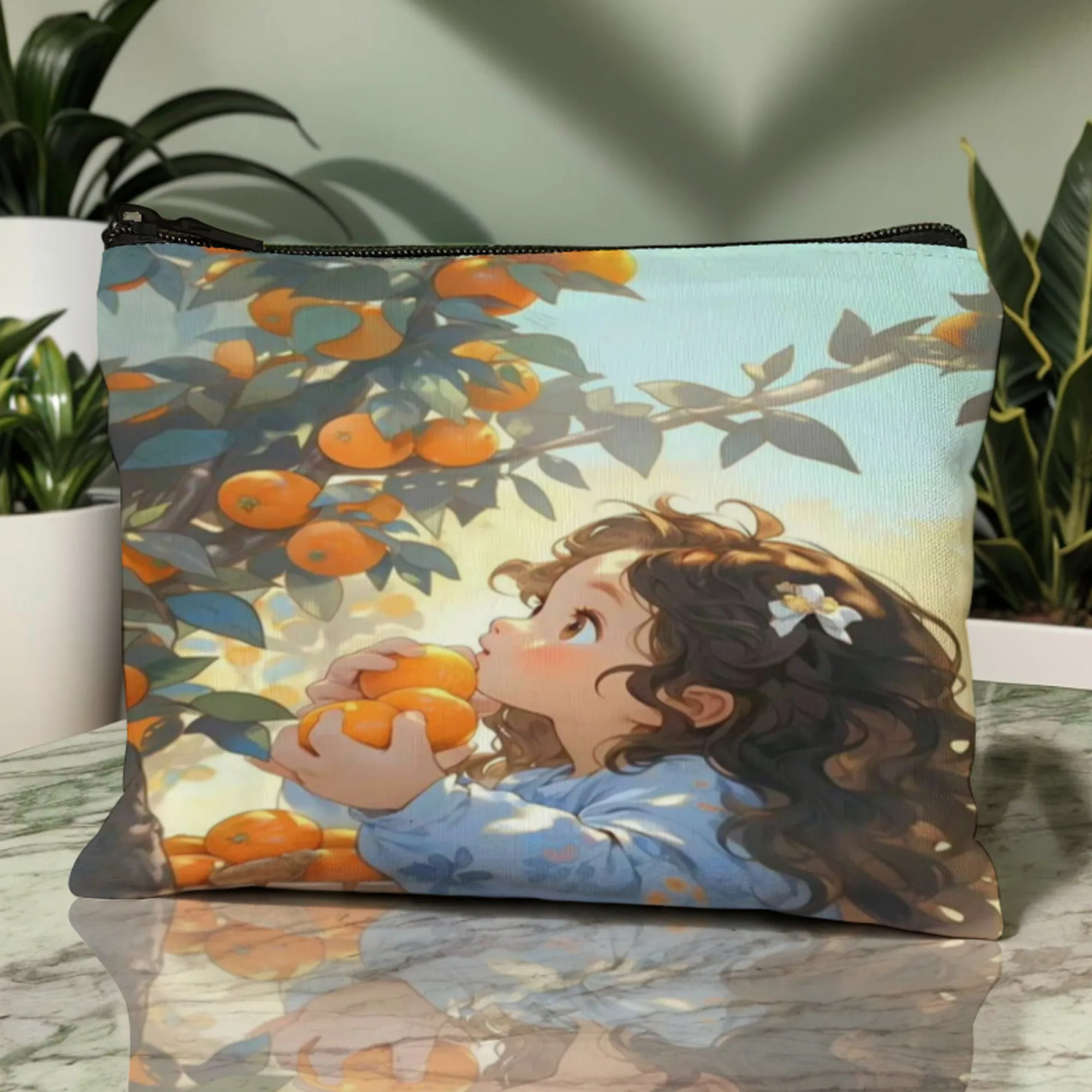 حقيبة مكياج أنيقة بسحاب مطبوعة على شكل "فتاة قطف برتقالية" حقيبة مستحضرات تجميل محمولة مع مرآة حقيبة أدوات الزينة للسفر المتينة #6