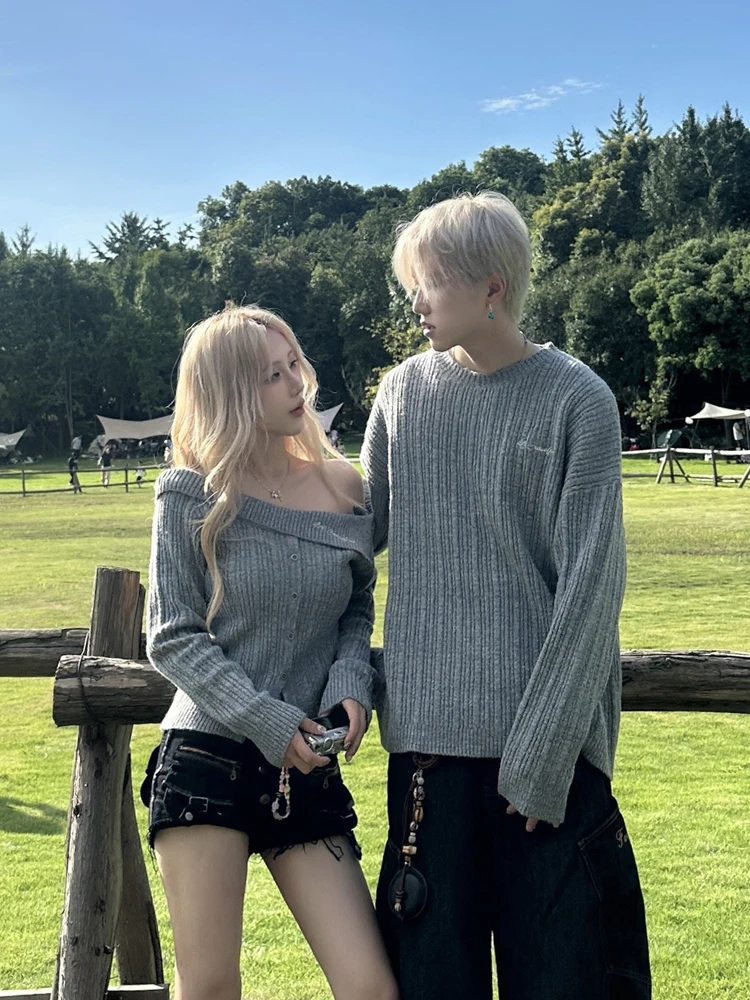

Early Autumn High-End Knitted Sweater Couple Matching Asymmetrical Shoulder Design Long Short Casual Style American Lazy Style