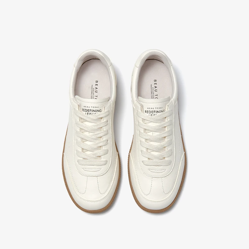 BEAUTODAY White Sneakers Women Cow Leather Lace-up Round Toe Sewing Ladies Trainning Shoes Handmade 29932