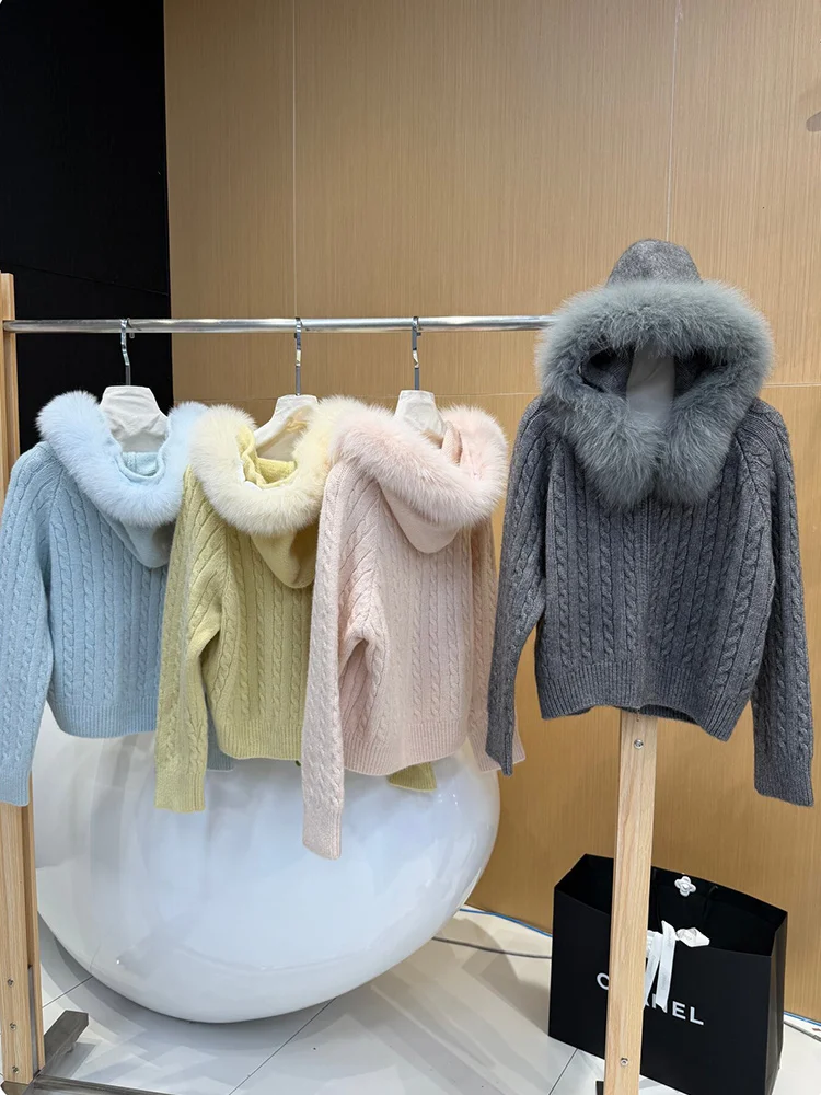 New Casual Autumn Winter Women Natural Real Fox Fur Collar Hooded Jacket Cardigan Fur Decoration Lady's Sweater Coat