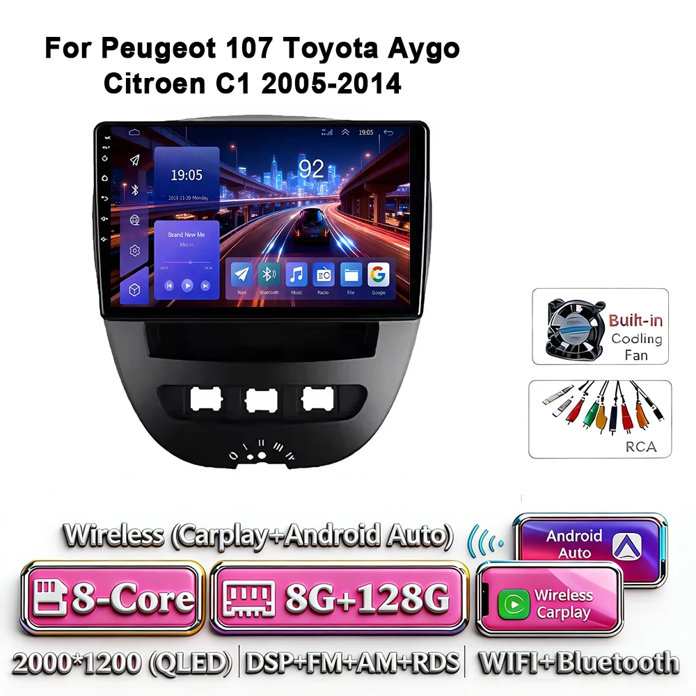 Android 17 Carplay Auto 4G WIFI autoradio voor Peugeot 107 Toyota Aygo Citroen C1 2005-2014 GPS BT DSP touchscreen multimedia